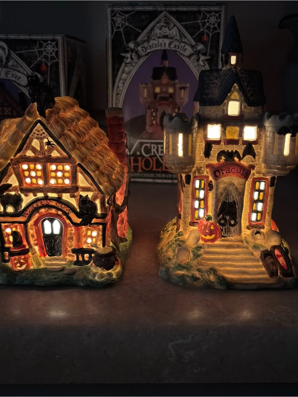 2-VTG Creepy Hollow Witches Cove&Draculas Castle Lighted Halloween House Midwest